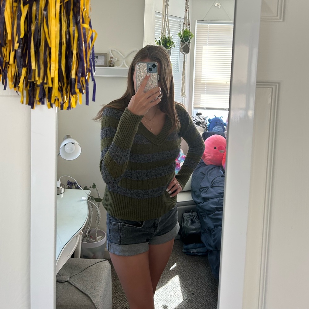 Ann Taylor Loft Grey & Green Striped Sweater